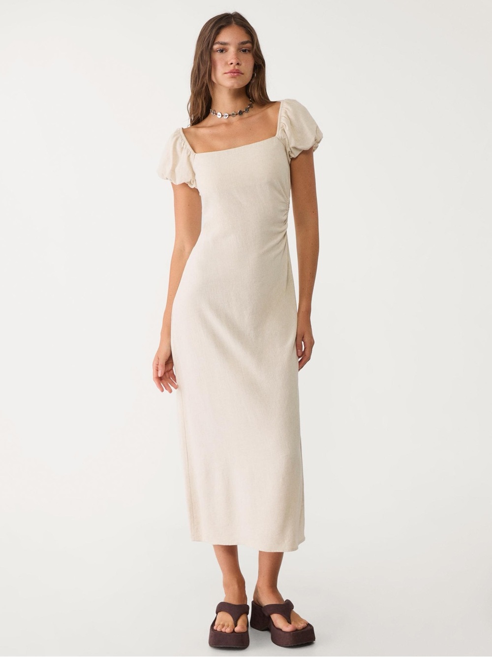 stradivarius Cream Square-Neck Maxi Dress Puff Sleeves and Side Cutout Large